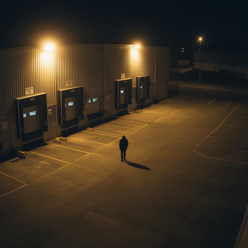 Suspicious figure loitering in warehouse loading dock at night