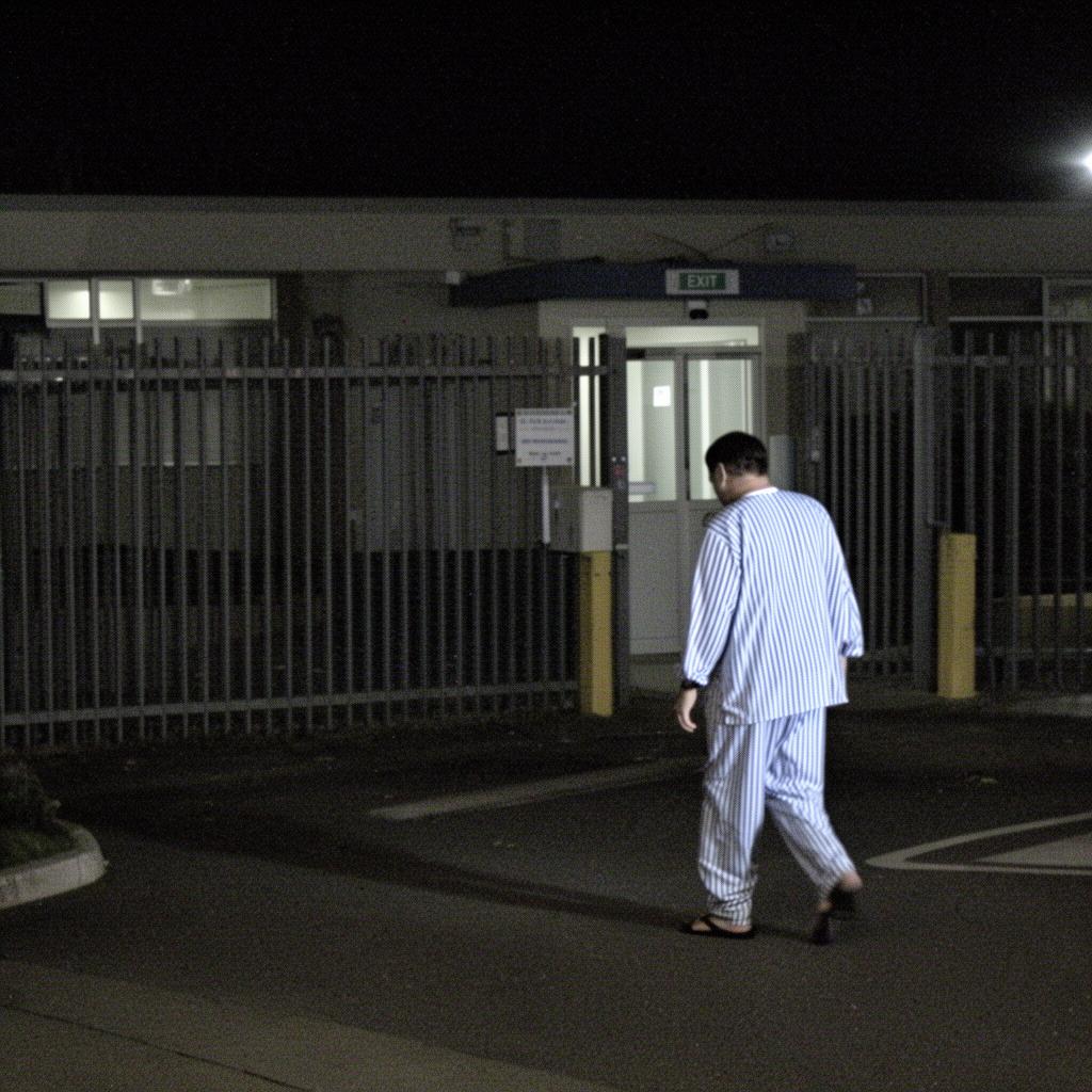 Patient in pajamas approaching hospital exit at night