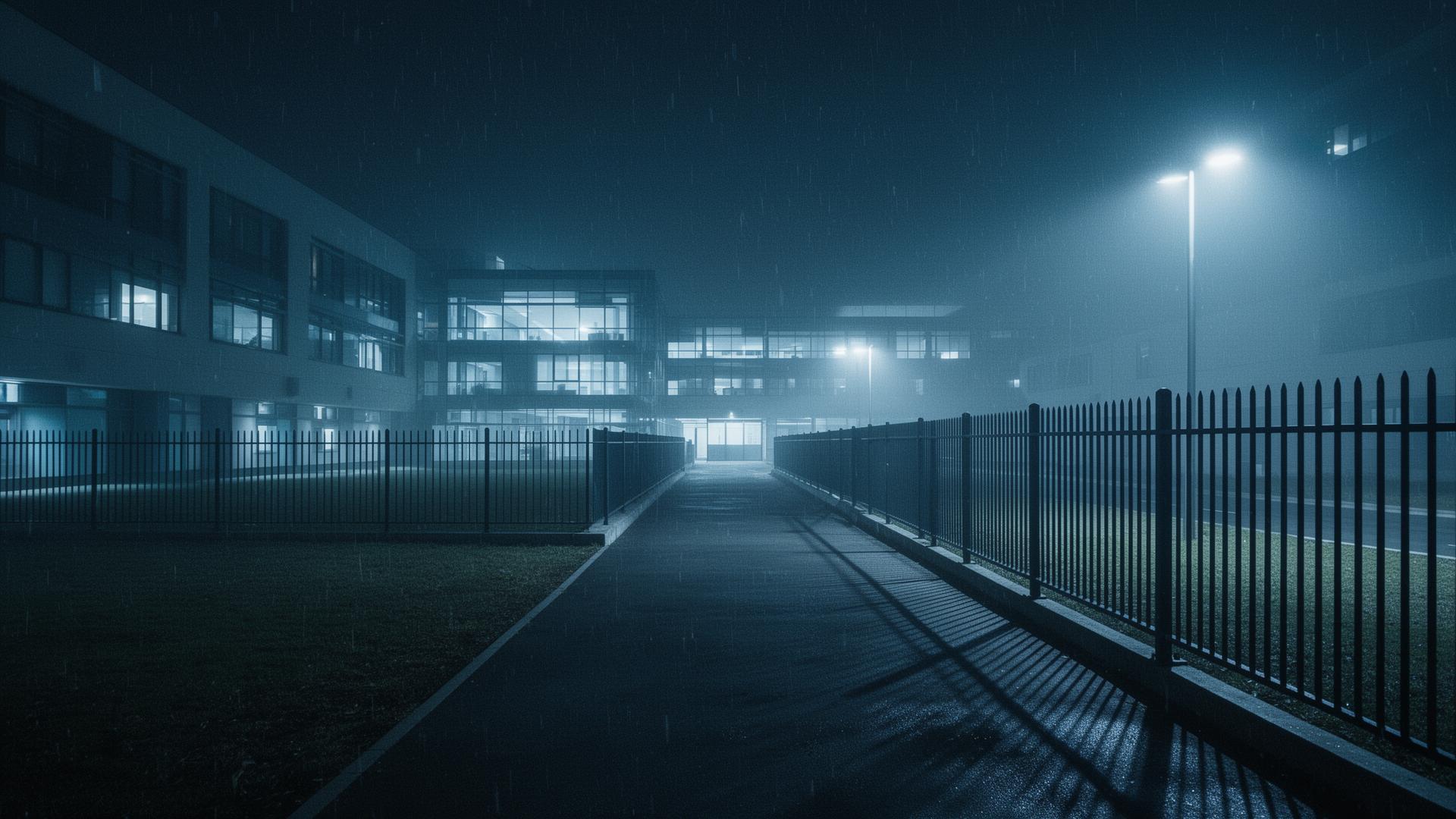 Hospital perimeter at night under CCTV surveillance